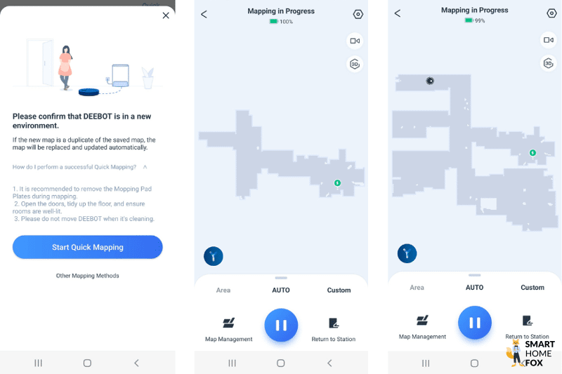Der Schnellkartierungsprozess ist in der ECOVACS DEEBOT X1 Turbo App zu sehen